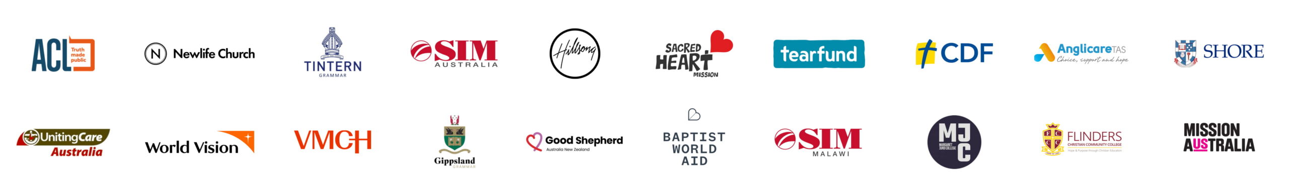 Two-row banner of partner organization logos (e.g., World Vision, Tearfund, Anglicare, Good Shepherd, Mission Australia, Hillsong, SIM Australia).