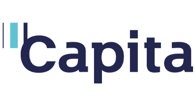 Capita logo: navy wordmark with three vertical bars in teal, light blue, and navy to the left.
